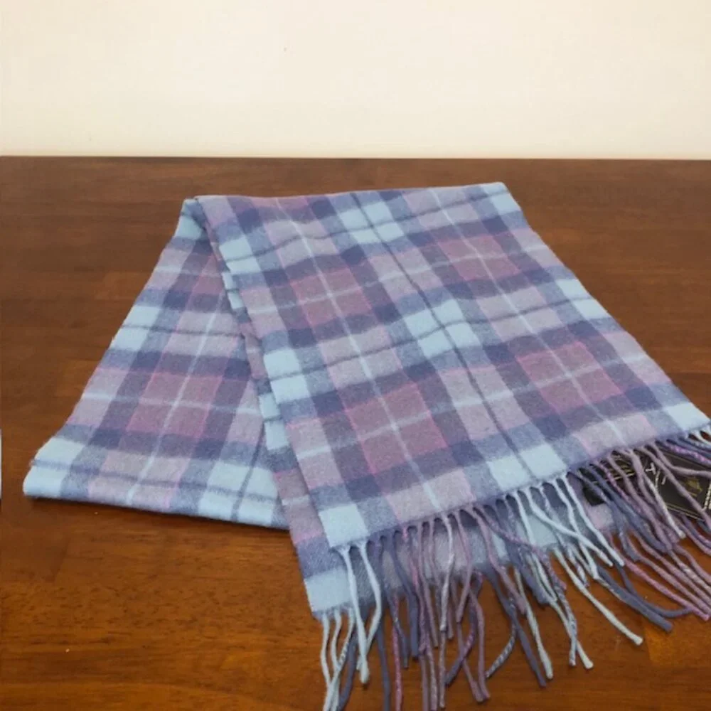 James Pringle Weavers Scotland Hand Crafted Purple Blue Plaid Wool Scarf NWT.